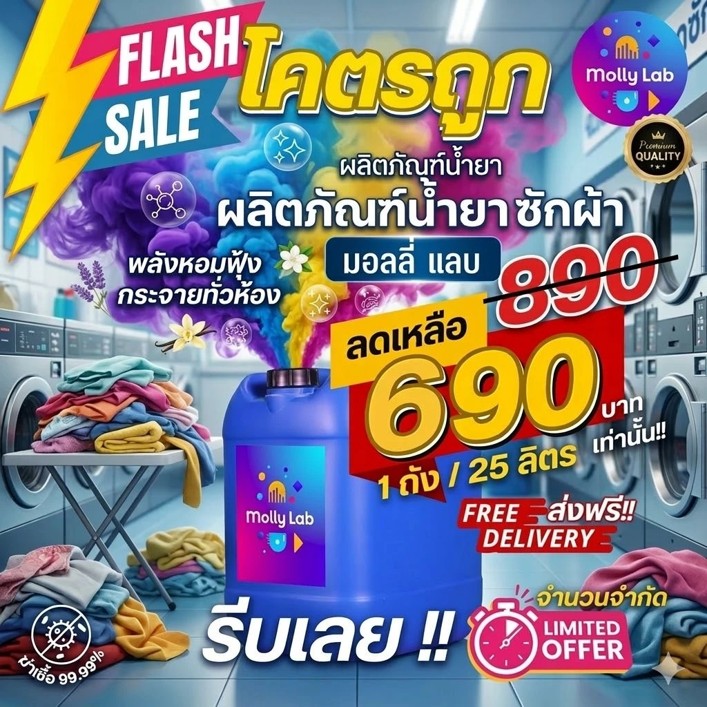น้ำยาซักผ้า Molly Lab สูตรเข้มข้น สะอาด 3x (ขนาด 20 ลิตร)