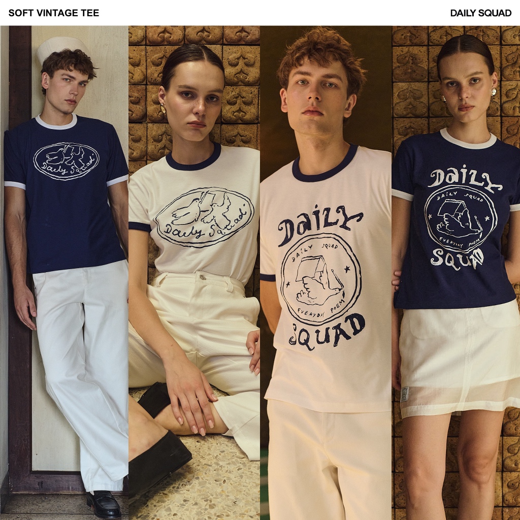 DAILY SQUAD - Vintage Ringer Tee เสื้อยืดผ้าคอตตอนดีไซน์ ตกแต่งขอบคอและปลายแขนตัดสี เพิ่มกลิ่นอายเรโทรแบบคลาสสิก