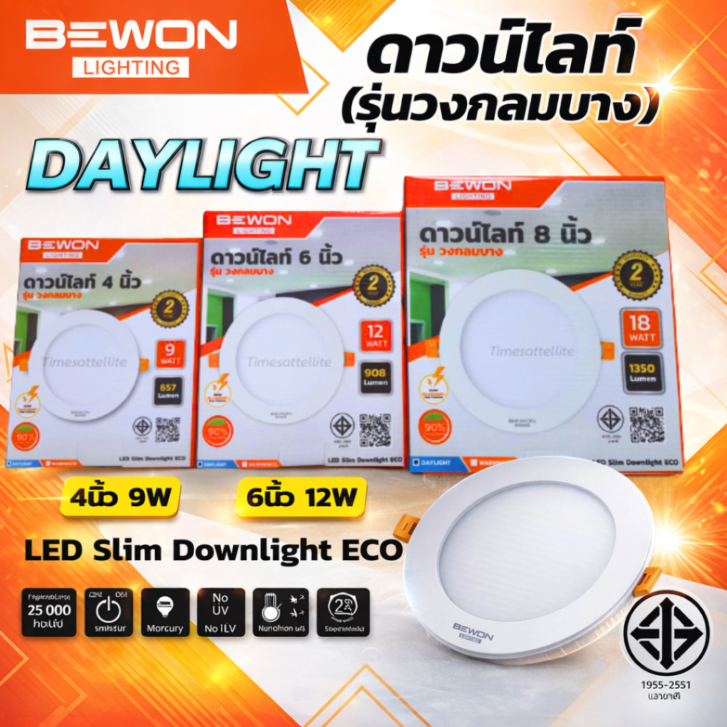 BEWONโคมดาวน์ไลท์สลิม (ฝัง) 4,6,8 นิ้ว (DAYLIGHT)บีวัน แอลอีดี รุ่นวงกลมบาง