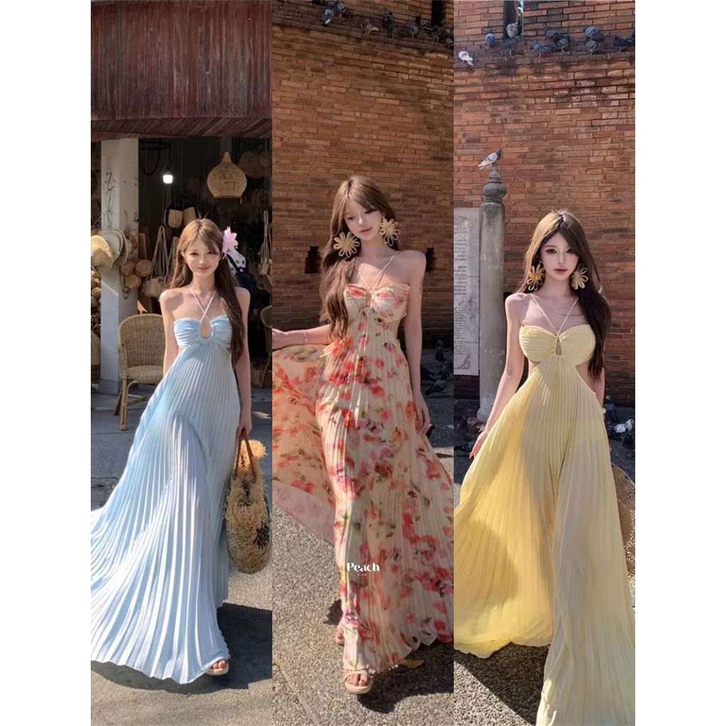 peachkloset 3.13 Pleated Maxi Dress เดรสอัดพลีทพริ้วสวย ดีเทลเว้าเอวโชว์หลังเบาๆ งานนำเข้าทรงสวยเป๊ะ