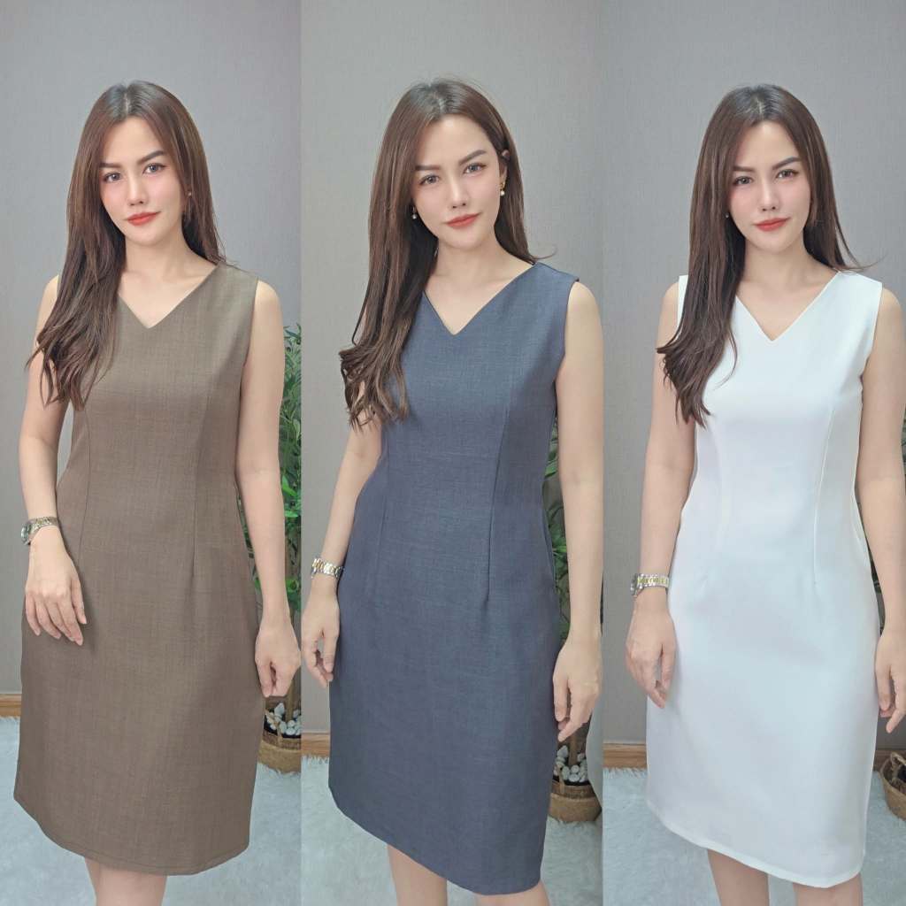 เดรสคอวี สีใหม่ ผ้าสโนว์ ทรงสอบพรางหุ่น มีกระเป๋าล้วง 2 ข้าง เดรสทำงานทรงสุภาพ