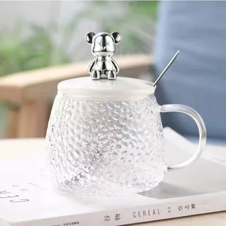 แก้วกาแฟหมี 400 ml. แก้วใสพร้อมช้อนและฝาปิด ดีไซน์ลายน้ำแข็ง แก้วคาเฟ่ มินิมอล เกาหลีเกาใจ ส่งจากไทย!!!