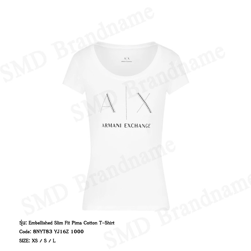 Armani Exchange เสื้อยืดคอกลมผู้หญิง รุ่น A/X Embellished Slim Fit Pima Cotton T-Shirt Code: 8NYT83 YJ16Z 1000