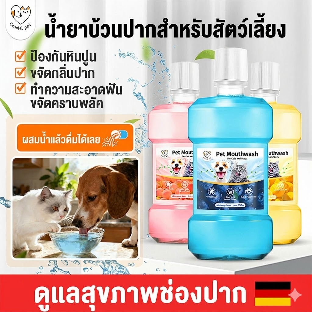 Cassiel Pet ซื้อ 2 แถม 1 น้ำยาบ้วนปากสัตว์เลี้ยง สำหรับสุนัขและแมว ดูแลช่องปาก ทำความสะอาดอย่างอ่อนโยน ขจัดกลิ่นปากได้ผล