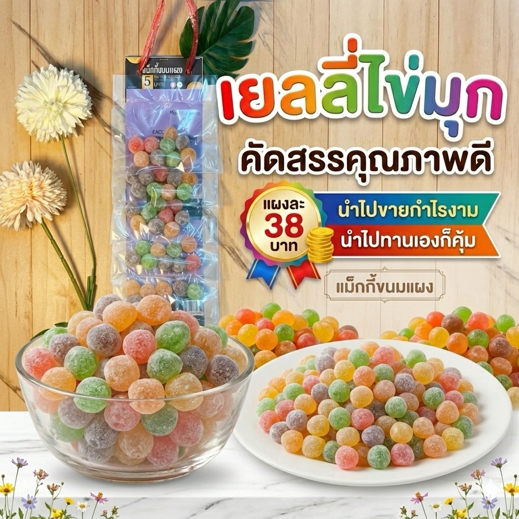 ขนมแผงเยลลี่ไข่มุก ขนมเด็กกินได้ ผู้ใหญ่กินดี แผงละ 10 ห่อ