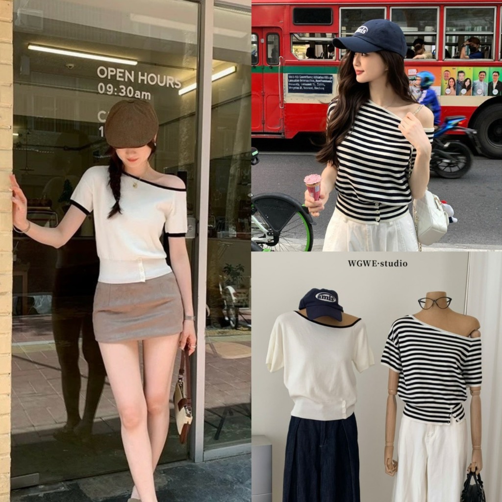 (พร้อมส่ง) เสื้อแขนสั้นปาดไหล่ผ้าไหมพรมรุ่น 8846 TAG WG.WE 🇰🇷