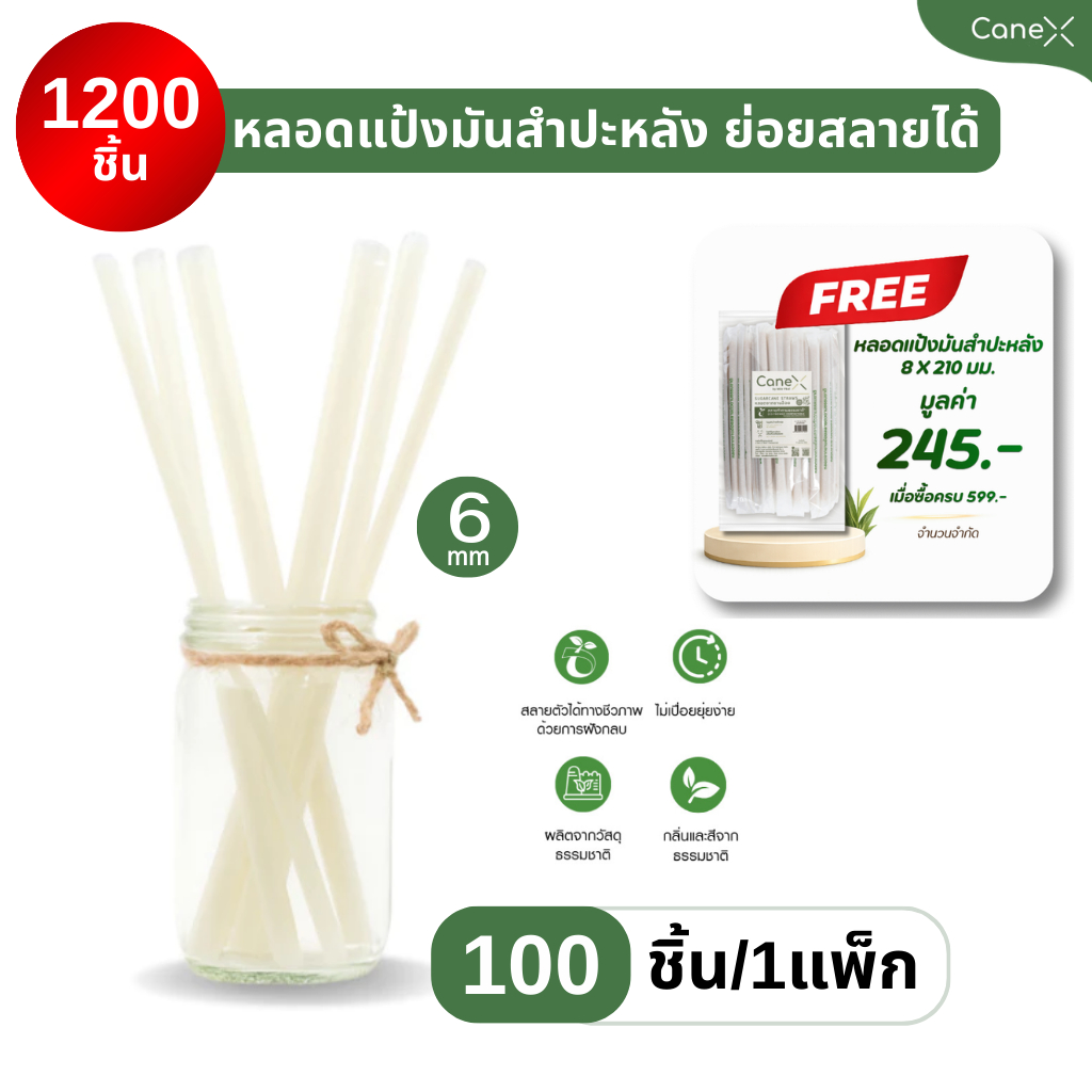 (1200 ชิ้น) CaneX หลอดแป้งมันสำปะหลัง ย่อยสลายได้ 100% (100ชิ้น/แพ็ก)  ตัดตรง ห่อกระดาษหลอดไบโอ หลอดรักษ์โลก Bio straw