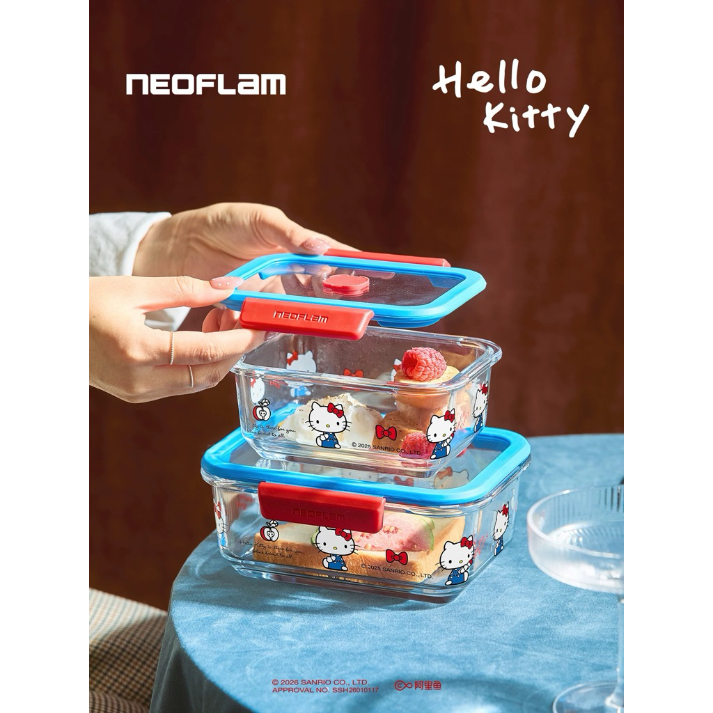 <พร้อมส่งด่วน 🇹🇭 > Neoflam x Hello Hitty กล่องเนื้อแก้ว ลายคิตตี้ ฝาปิดแน่น กระเป๋าเก็บอุณหภูมิ รุ่นสีแดง-ฟ้า