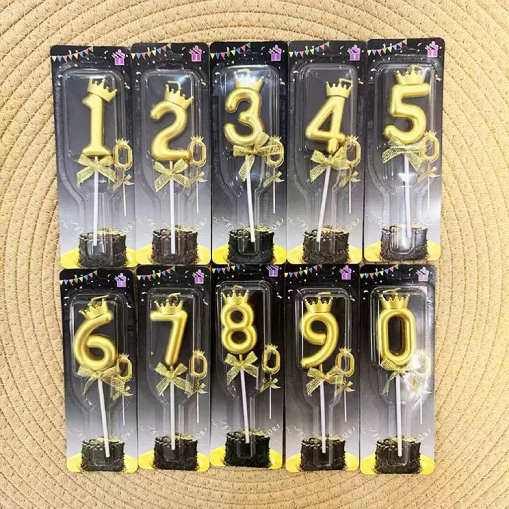 เทียนตัวเลขสีทองใหม่ ประดับด้วยโบว์และมงกุฎ สำหรับวันเกิด 0-9 ตกแต่งงานปาร์ตี้ เค้กวันเกิด