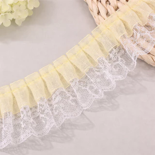 ลูกไม้ระบายจับจีบ กว้าง 5cm สีหวาน ลูกไม้แต่งขอบ ผ้าโปร่งลายหวาน สีพาสเทล 4 สี ขาว เหลือง ฟ้า ชมพู สำหรับตกแต่งเสื้อผ้า