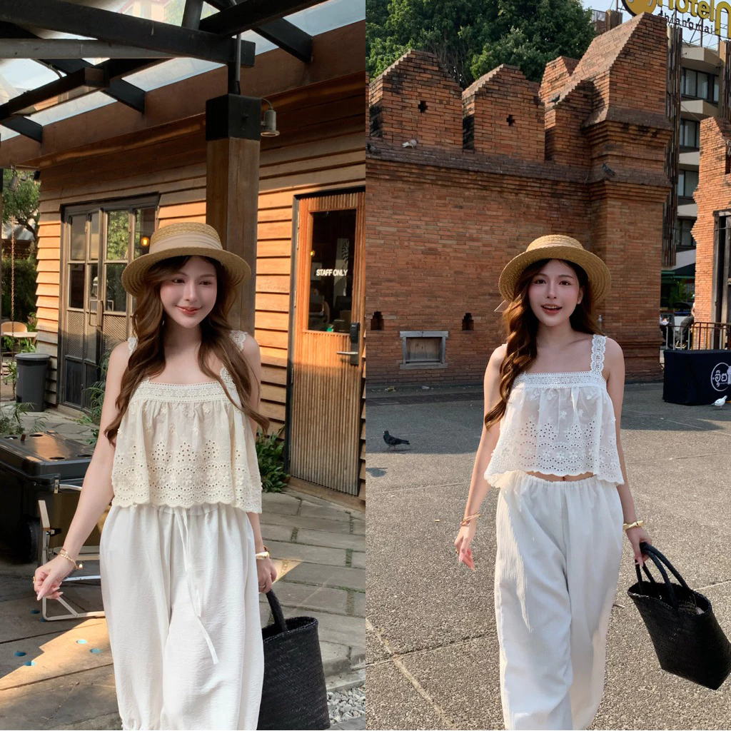 𝖩𝖨𝖲𝖮𝖮 𝖲𝖤𝖳 ชุดเซตเสื้อสายเดี่ยวผ้าฉลุลูกไม้ ผ้านุ่มใส่สบายเหมาะกับ summer มาพร้อมกับกางเกงเอวยางยืด แต่งปลายขาด้วยโบว์รูด