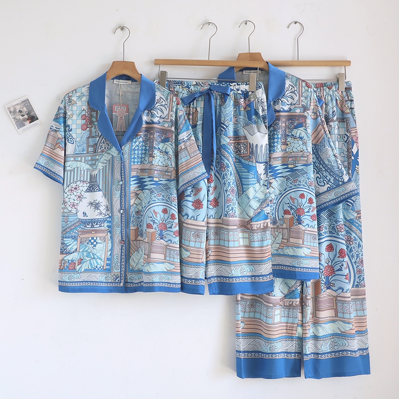Muslin Pajamas Silk Satin รุ่น Indigo Dynasty (V2229 L2229) | ชุดนอนชุดเที่ยว,ชุดนอนผู้หญิง
