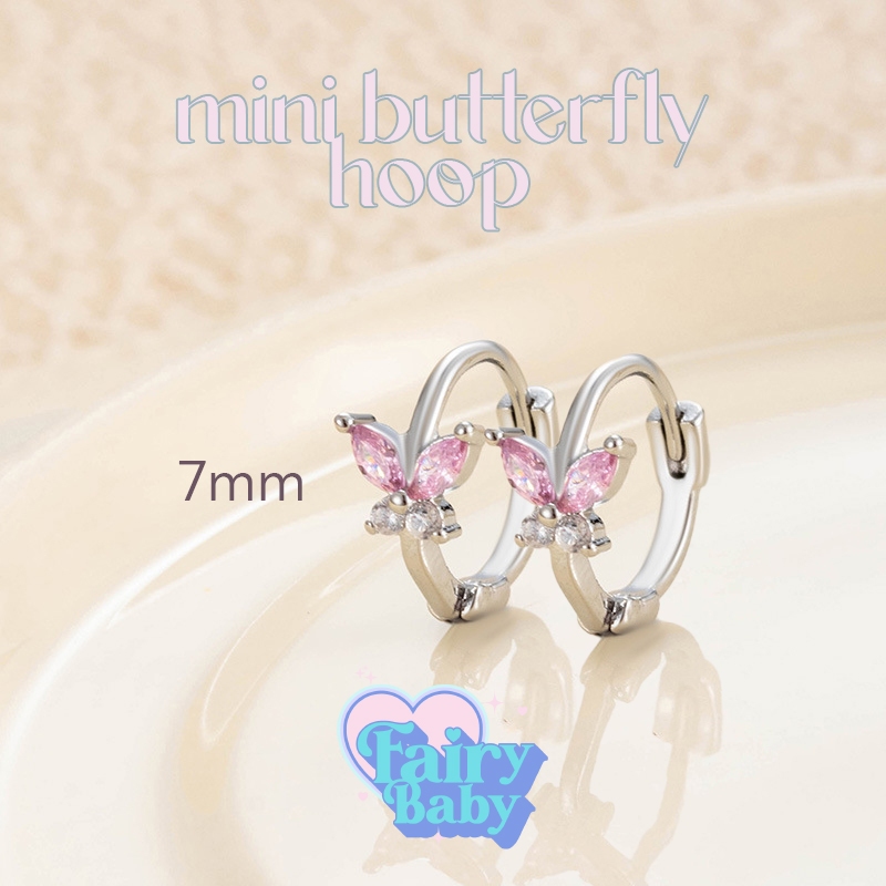 Fairybaby ต่างหู ห่วง Mini Butterfly Hoop (1 คู่) 7 mm ตุ้มหูห่วง ผีเเสื้อ ประกายชมพู น่ารัก (E2-147)