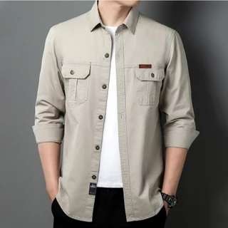 เสื้อเชิ้ตผู้ชายแขนยาว ผ้าคอตตอน ทรงพอดี กระเป๋าคู่ สไตล์ลำลอง ใส่ทำงานหรือเที่ยวได้ หลายสี[COD]
