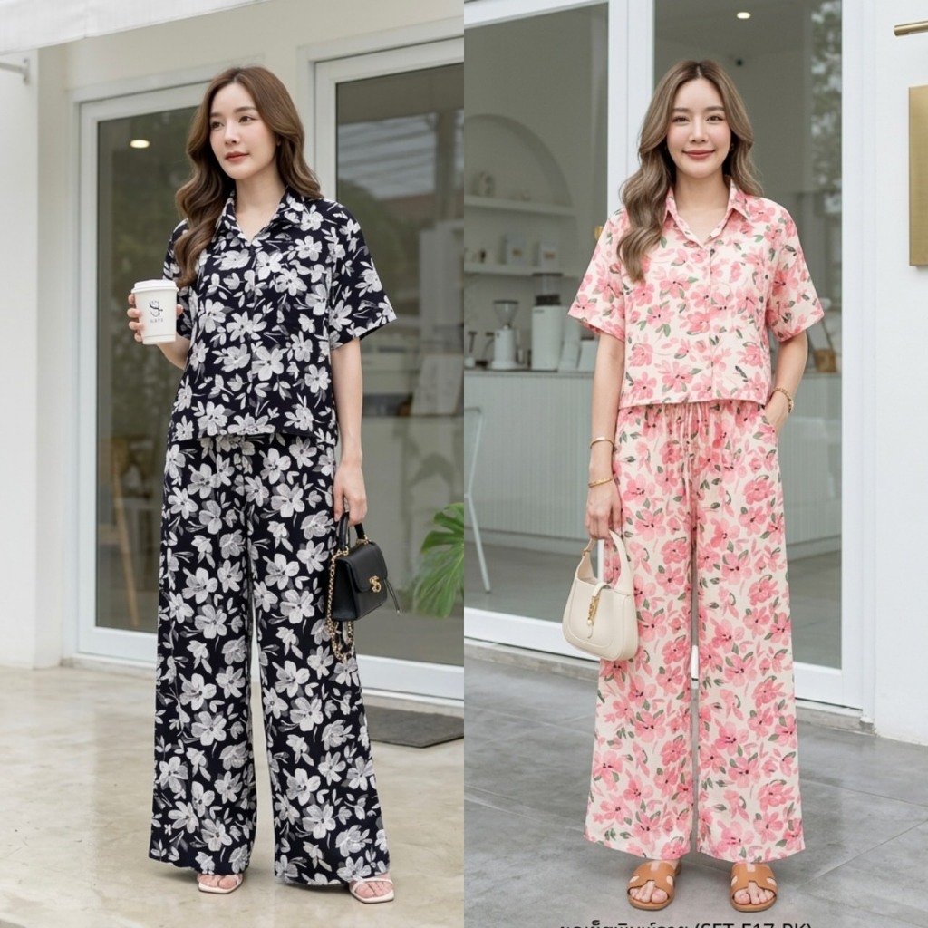 Silla เซ็ตลายดอกพุตตาล รุ่น Flowers F17 โทนขาวดำ เนื้อผ้าไหมอิตาลี ผ้าพริ้วนุ่ม ใส่สบาย ลายสวย