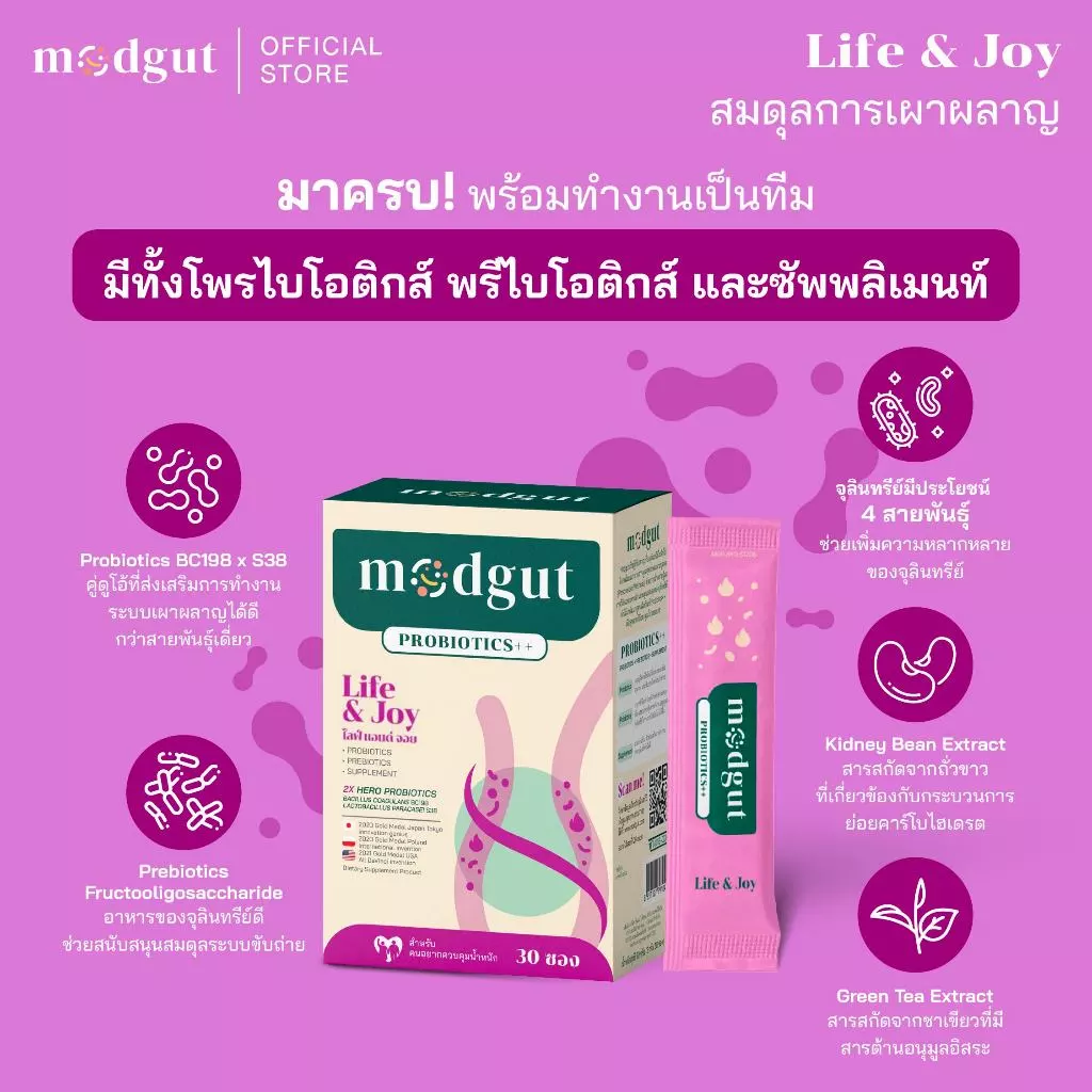 Modgut โพรไบโอติกส์ Probiotics++ สูตร Life&Joy ดูแลระบบขับถ่าย & เผาผลาญ 30 ซอง สำหรับคนกินไม่เป็นเวลา thumbnail 5