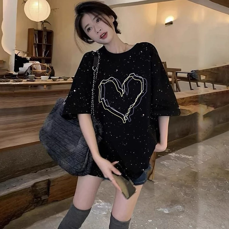 เสื้อยืดวินเทจทรงหลวมสำหรับผู้หญิง oversize เสื้อผ้าสาวอวบคนอ้วนไซส์ใหญ่ พิมพ์ลายประดับเลื่อม แฟชั่นเกาหลี กําลังฮิตใหม่