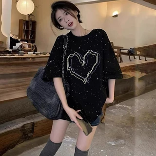 เสื้อยืดวินเทจทรงหลวมสำหรับผู้หญิง oversize เสื้อผ้าสาวอวบคนอ้วนไซส์ใหญ่ พิมพ์ลายประดับเลื่อม แฟชั่นเกาหลี กําลังฮิตใหม่