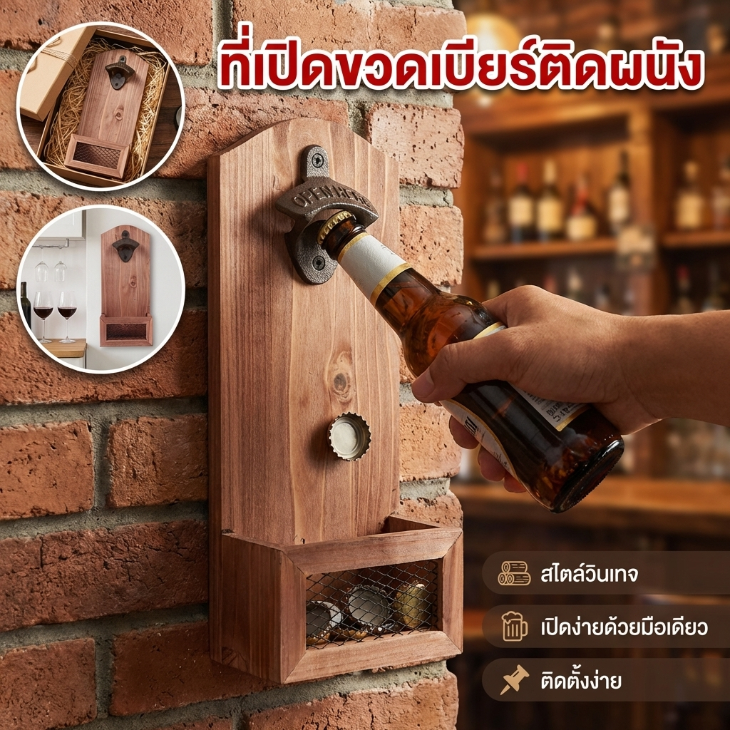 ที่เปิดขวดเบียร์ไม้แบบติดผนัง พร้อมที่ดักฝาขวด สไตล์วินเทจ ใช้งานง่าย เก็บฝาขวดเป็นระเบียบ และช่วยตกแต่งผนัง