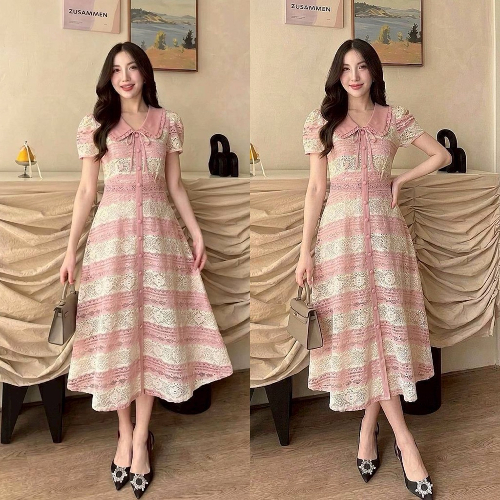 เดรสลูกไม้ฉลุดีไซน์หรู ผ้าลูกไม้ฉลุสีชมพูวินเทจ ลายเล่นสีทูโทนละมุน
