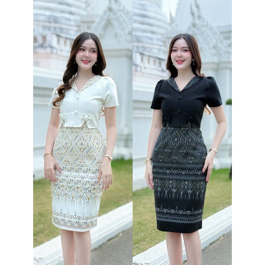 เดรสผ้าฝ้ายพิมพ์ลาย อัดกาว  สวยหรู ดูแพง ซิปซ่อนหลัง