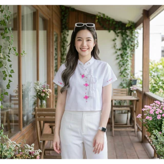 เสื้อพื้นเมืองผู้หญิงคอจีนป้ายผูกโบว์ ปักดอกด้วยมือ