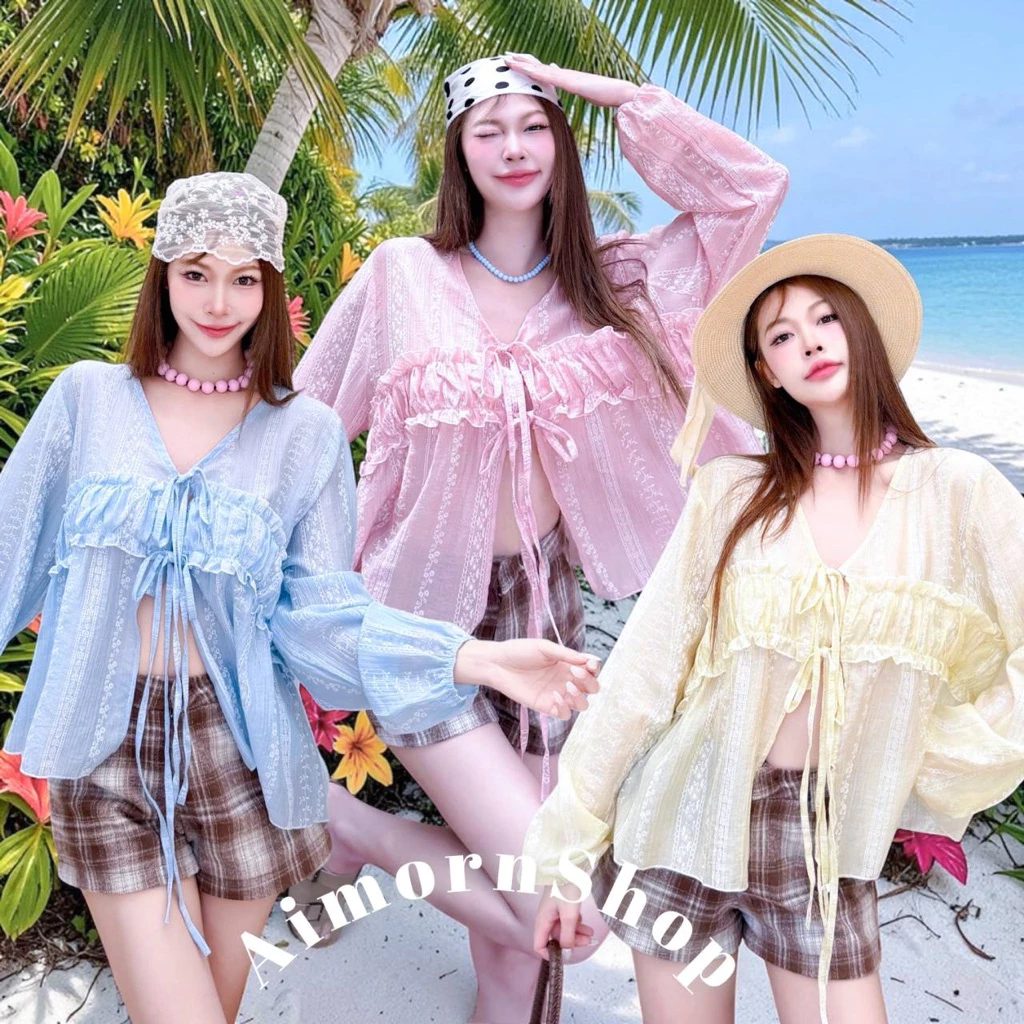🔥aimorn_shop🔥เสื้อคอวี แต่งผูกโบว์หน้า ปลายแขนจั้ม สาวอวบใส่ได้ งานผ้าพริ้ว แต่งลายดอกสวยๆ