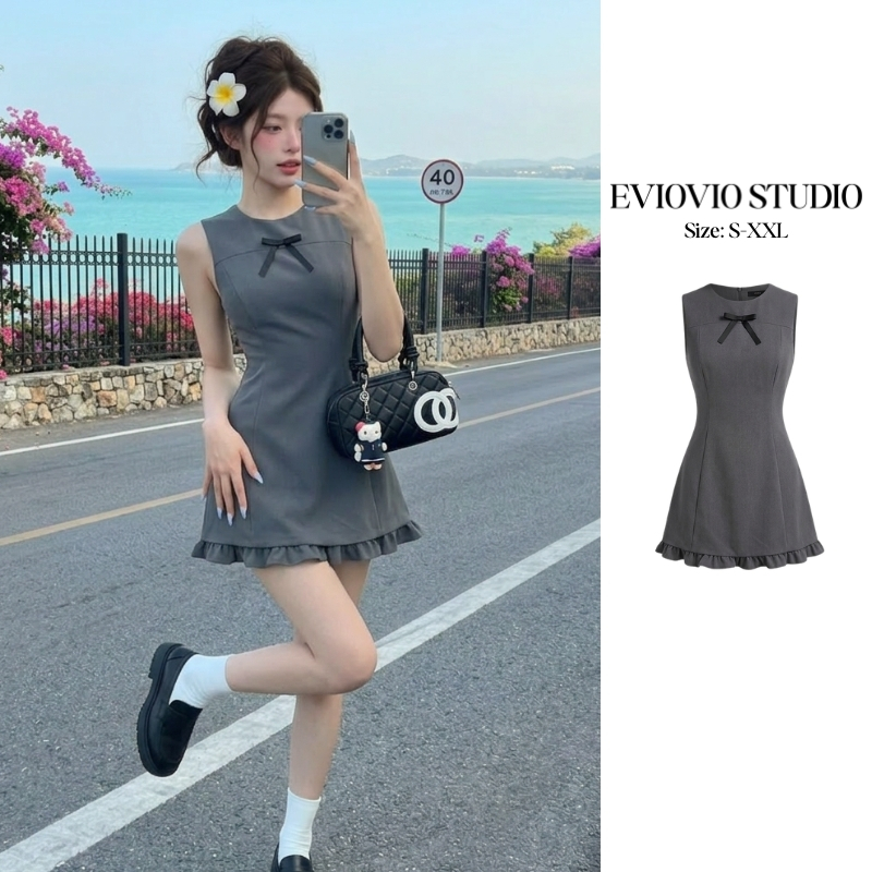 EVIOVIO【S-XXL】☘️ชุดเดรสทำงานผู้หญิง สีเทา คอเหลี่ยม แต่งโบว์ พรางหุ่นได้ดี พร้อมส่ง ชุดไปเที่ยว ชุดไปคาเฟ่ เดรสสาวอวบ🎁