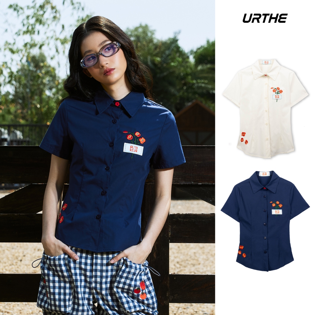 URTHE - เสื้อเชิ้ต แขนสั้น ปักลาย รุ่น POPPY LUV SHIRT - Col. ROLLOR