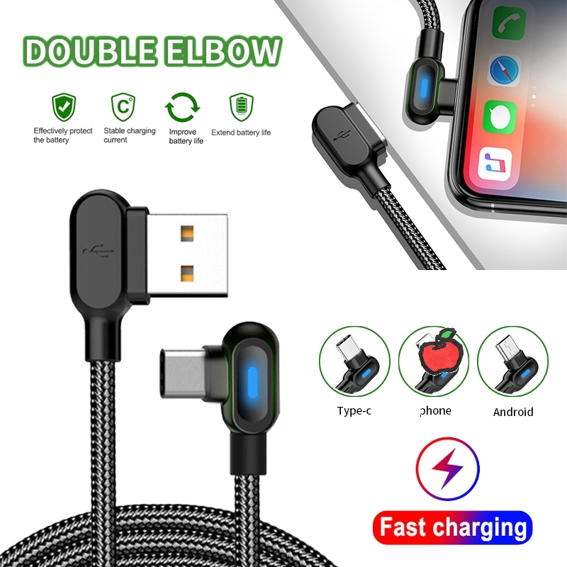 สายชาร์จเร็ว สายชาร์จมือถือ Micro USB / Type C / Phone หมุมได้ 90 องศา พร้อมไฟ LED ยาว1เมตร/2เมตร