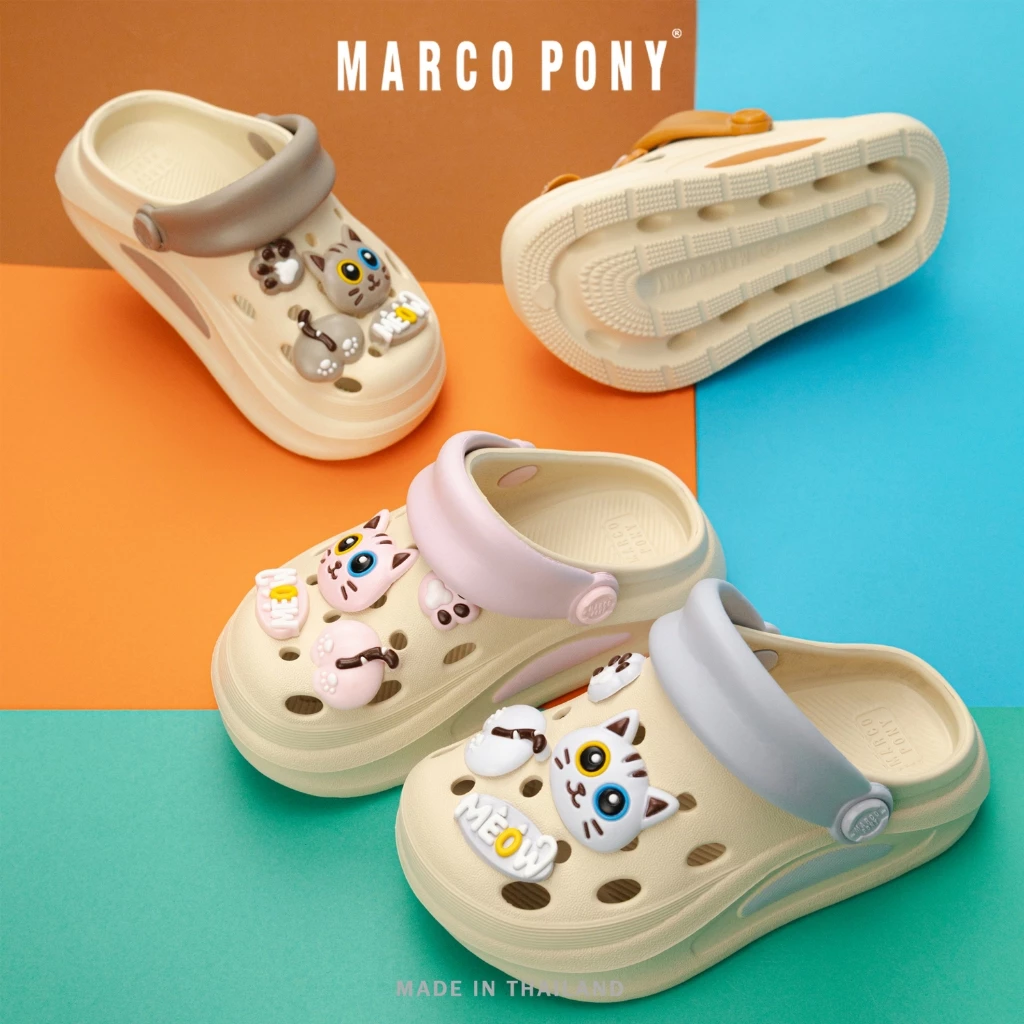 Marco Pony รุ่น MH9039B รองเท้าเด็กหัวโต ลายการ์ตูนแมวน่ารัก ตกแต่ง 3D สีพาสเทลสดใส วัสดุ EVA พื้นนุ่ม เดินสนุก ไม่ลื่น