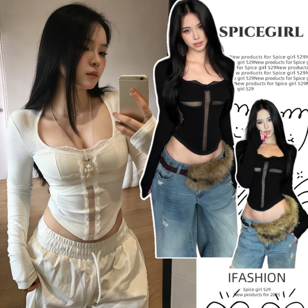 📸SG📸เสื้อแขนยาวผู้หญิง คอคว้าน ขอบลูกไม้ ดีไซน์ซีทรูช่วงอก งานละเอียด ผ้าฝ้าย ยืดได้เยอะ เซ็กซี่เบาๆ สไตล์เกาหลี สีดำขาว