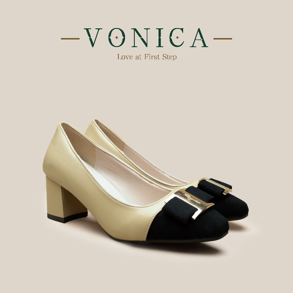 VONICA รองเท้าทำงานผู้หญิง ส้นเตารีด หัวเหลี่ยม สีขี้เหลือง ส้นสูง 2 นิ้ว รองเท้าสำนักงาน ใส่แมทช์ง่าย