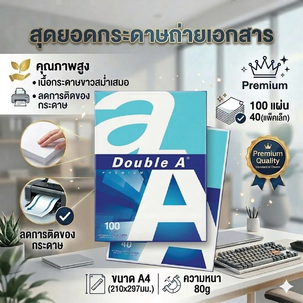 *** สินค้าเข้าใหม่*** กระดาษถ่ายเอกสาร A4-80 แกรม Double A (100 แผ่น/ 40 แผ่น)