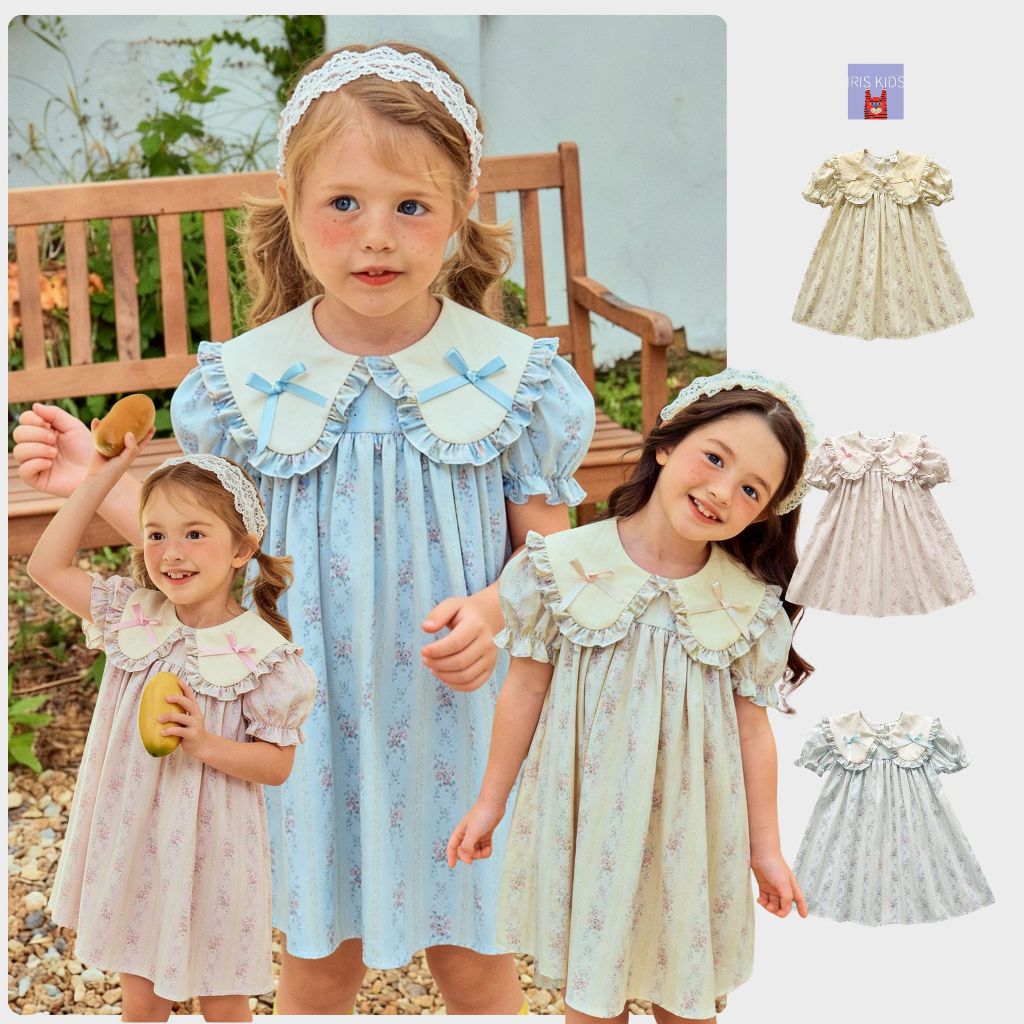 「สินค้าลิขสิทธิ์แท้」IRIS KIDS 26 ss IKD260280 Gingham Cherry Dress ชุดเดรสเด็ก ลายสก็อต เชอร์รี่ แต่งลูกไม้ โบว์หลัง