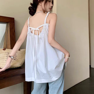 เสื้อกล้ามสายเดี่ยวสีเรียบ สไตล์ฝรั่งเศส แขนกุด ใส่เที่ยวทะเล เปิดหลัง