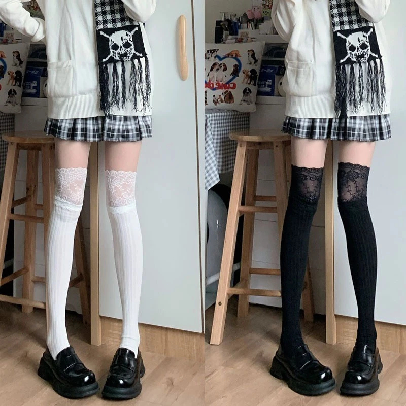 Novvia 🎀พร้อมส่งในไทย🧦ถุงเท้ายาวถึงเข่า JK สไตล์ญี่ปุ่น ลูกไม้ สีทึบ หวานและน่ารัก สไตล์โลลิต้า