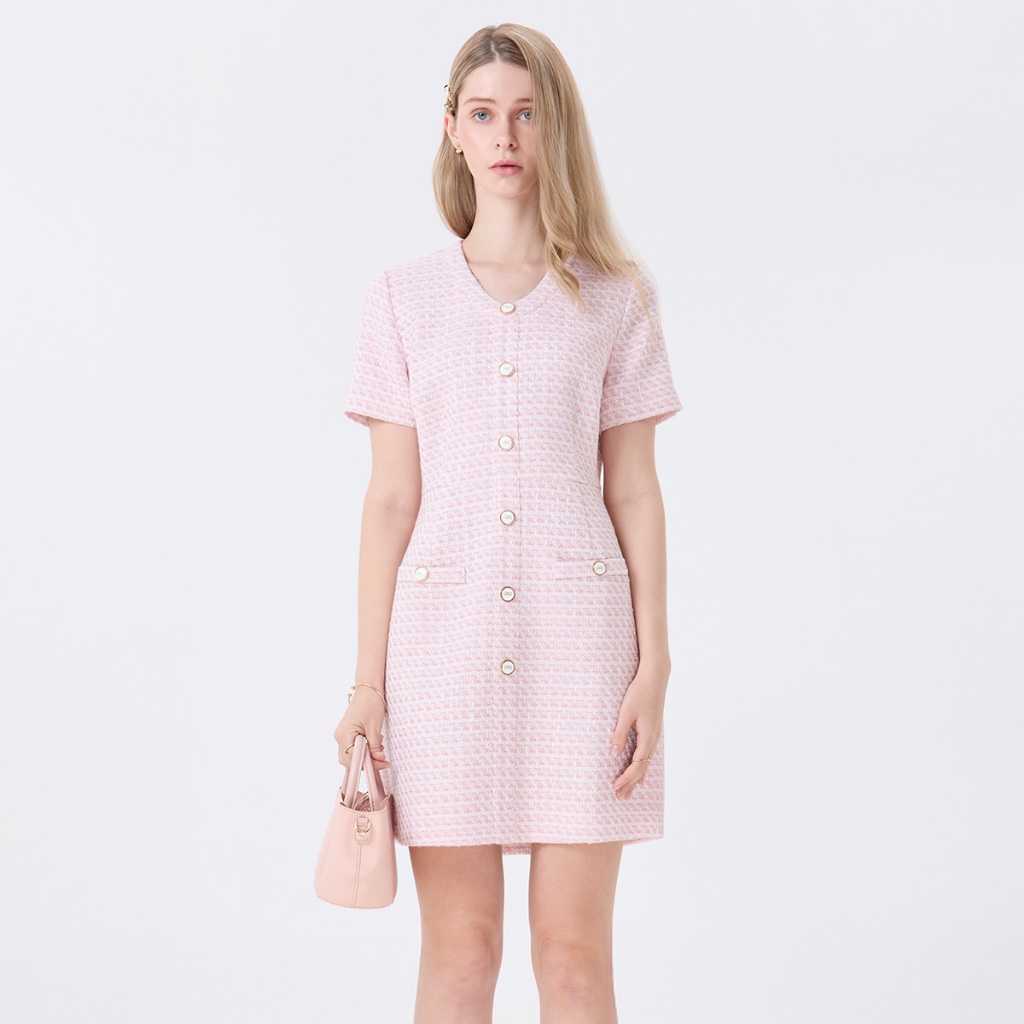 EP ชุดเดรสคอวีผ้าทวีต ผู้หญิง สีชมพู | V-neck Tweed Dress | 05082