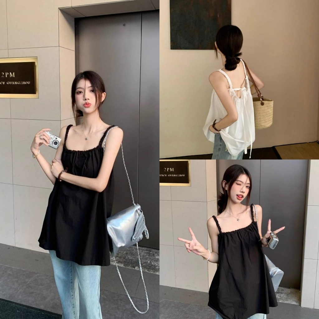 เสื้อสายเดี่ยวสีพื้นสไตล์ฝรั่งเศส เสื้อแขนกุดตัวหลวม วันพักผ่อนริมทะเล บุคลิกอ่อนโยน