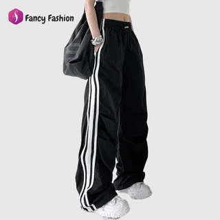 Fancy Fashion ✨ส่งไวจากไทย✨ กางเกงคาร์โก้สีดำ เอวสูง ทรงหลวม สไตล์อเมริกัน ผ้าร่มเบา สวมใส่สบาย