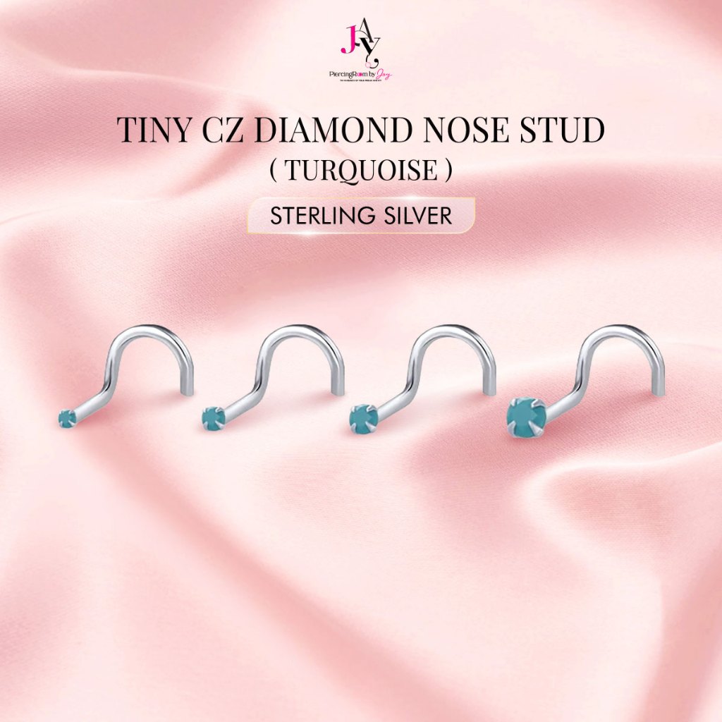 Piercingroom by Jay Tiny CZ diamond Nose Stud (Turquoise) จิวจมูกเงินแท้ (ราคาต่อชิ้น)