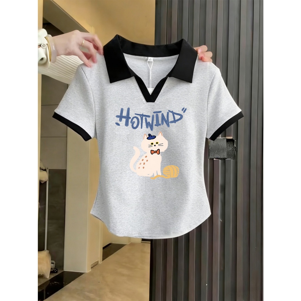 เสื้อแขนยาวทรงเข้ารูปสไตล์เกาหลี มีปก สำหรับผู้หญิง เสื้อฤดูร้อน มีไซส์ M-3XL ลายตัวอักษร มีให้เลือก 5 สี โปรโมชั่นพิเศษ