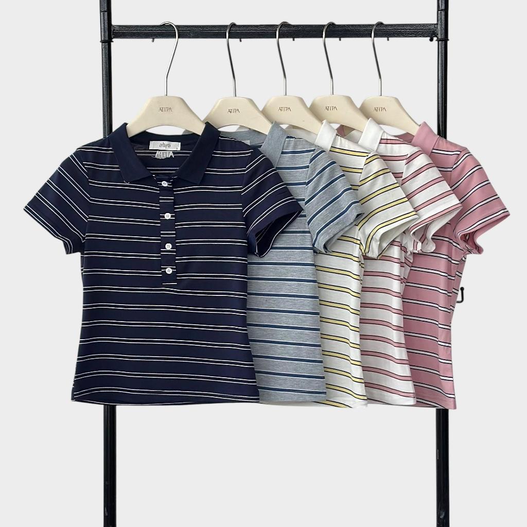 Atipashop - Playful Stripe Polo Club เสื้อโปโลลายริ้วผ้าริบคอตตอน สีสันน่ารัก