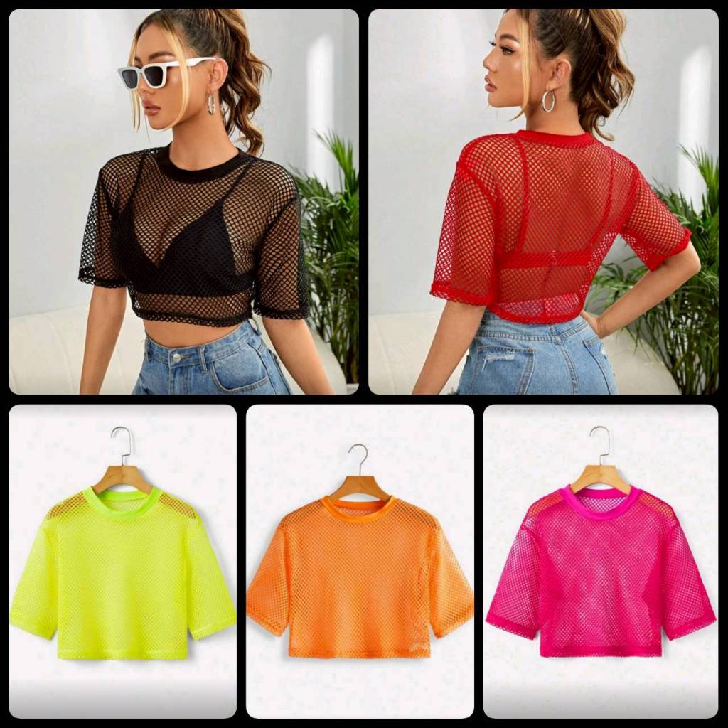 Crop TC2631 เสื้อครอป แขนสั้น ตาข่าย ซีทรู