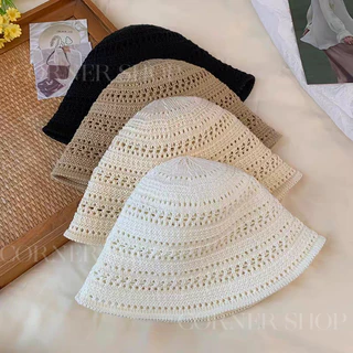 (HWJ)พร้อมส่งจากไทย หมวกบักเก็ต หมวกแฟชั่นผู้หญิง กันแดด ใส่เที่ยวทะเล หมวกถักลายโปร่ง ระบายอากาศ ไม่ร้อน บางเบา