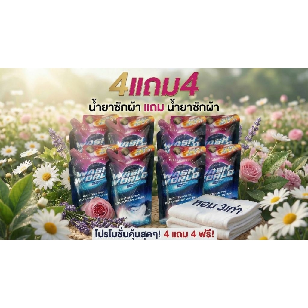 Wash World วอชเวิลด์x8 น้ำยาซักผ้าสูตรเข้มข้น 540 ml. หอมยาวนาน 45วัน (น้ำยาซักผ้า4+น้ำยาซักผ้า4)