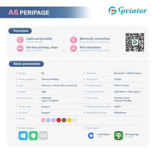Gprinter เครื่องปริ้นพกพา Peripage A6 เครื่องปริ้นสติ๊กเกอร์ พิมพ์สติกเกอร์ บาร์โค้ด Mini Printer