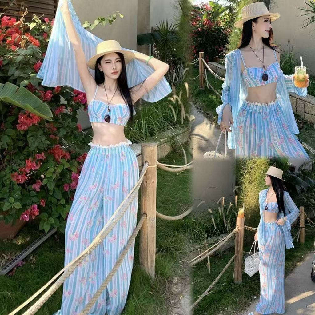 💗Beach Bikini💗ชุดว่ายน้ำ 4 ชิ้น ชุดว่ายน้ำแขนยาว ลายพิมพ์ แขนยาว กางเกงขายาว รุ่นใหม่ beach