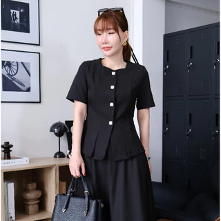 Lawyer Store | [5581720] [5581720-1] (ขายแยกชิ้น) ชุดเซ็ท เสื้อสูทแขนสั้น ชายเสื้อแต่งจีบ กับ กระโปรงยาว เอวสม็อค