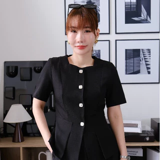 Lawyer Store | [5581720] [5581720-1] (ขายแยกชิ้น) ชุดเซ็ท เสื้อสูทแขนสั้น ชายเสื้อแต่งจีบ กับ กระโปรงยาว เอวสม็อค
